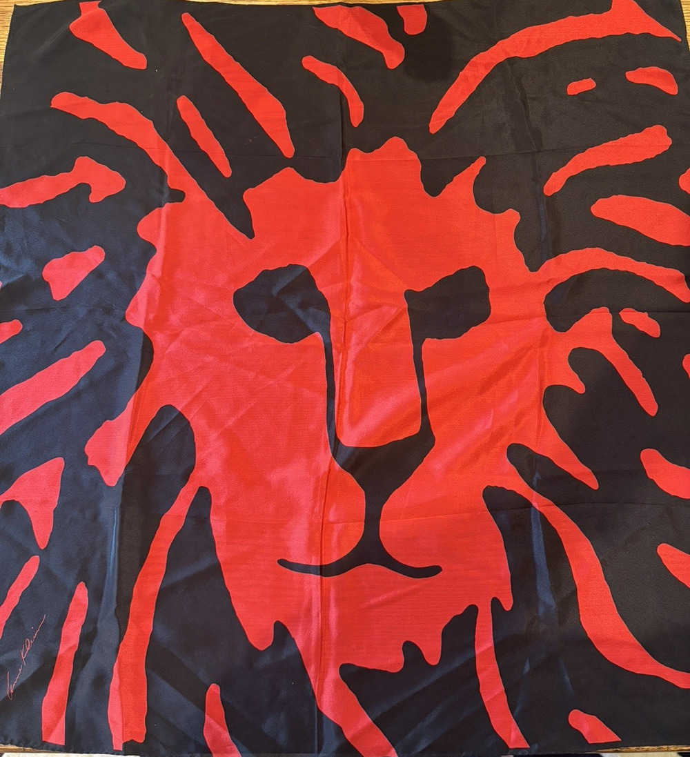 Anne Klein Iconic Lion Head Hand Rolled Edge Square Scarf Red Black 30" Vintage